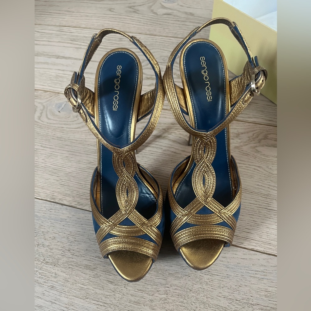 Gold and Blue Suede T bar Platform sandals